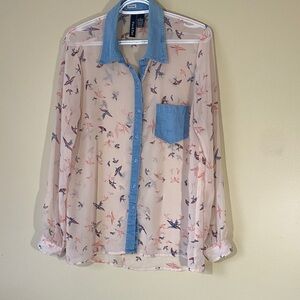 Fun & Flirt Pink Sheer Blouse with Coral and Navy Bird Print sz Large